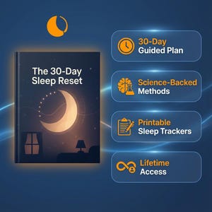 以下が含まれることがあります： 三日月が描かれた「The 30-Day Sleep Reset」というタイトルの本の画像。画像には、30日間のガイド付きプラン、科学に基づいた方法、印刷可能な睡眠トラッカー、および生涯アクセスを示すアイコンとテキストも含まれています。