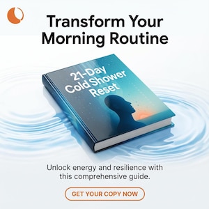 May include: A book titled "21-Day Cold Shower Reset" with a blue and teal cover, featuring a silhouette of a person's head. The book is on a white background with water-like ripples. The text "Transform Your Morning Routine" is at the top.