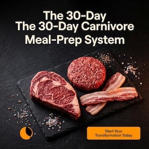 Könnte beinhalten: Eine Auswahl an rohem Fleisch, darunter ein Rib-Eye-Steak, ein Hackfleisch-Patty und Speckstreifen, auf einem schwarzen Schiefer angeordnet. Der Text "The 30-Day Carnivore Meal-Prep System" und "Start Your Transformation Today" ist enthalten.