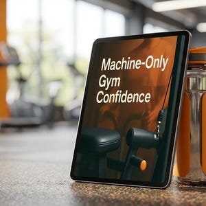 May include: A digital tablet displays the text "Machine-Only Gym Confidence" next to a water bottle. The bottle is clear with orange accents. The background shows a gym with exercise equipment.