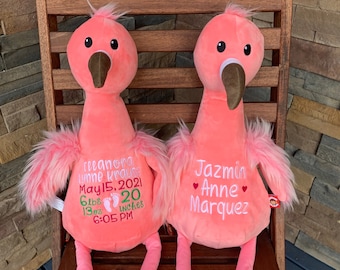 Birth Stat Stuffed Animal, Personalized Baby gift, Personalized Stuffed animal, Baby Girl Gift, Cubbies, Flamingo, Embroidered