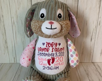 Girl Bunny Birth Stat Stuffed Animal, Personalized stuffed animal, Baby gift, Baby keepsake, Embroidered Bunny stuffed animal, Easter Gift