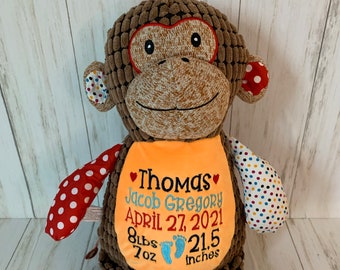 Monkey Birth Stat Stuffed Animal, Personalized stuffed animal, Personalized Baby gift, Baby keepsake, Embroidered Monkey stuffed animal