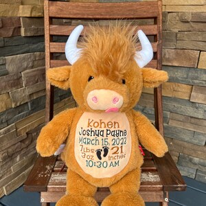 May include: A plush brown Highland cow with white horns and a tuft of brown fur. The cow is embroidered with the name "Kohen Joshua Payne", birthdate, weight, and length. The cow is sitting on a wooden chair.