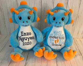 Birth Stat Stuffed Animal, Personalized Baby Gift, Personalized Dinosaur, Embroidered Dinosaur, Dino, Birth Stat Gift