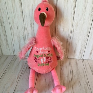 May include: A pink plush flamingo with a brown beak and black eyes. The flamingo has embroidered text that reads "Charlotte June August 5, 2021 8lbs 9oz 54.6 cm 2:59 PM". The flamingo has fluffy wings and legs.