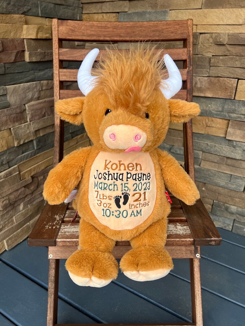 May include: A plush brown Highland cow with white horns and a tuft of brown fur. The cow is embroidered with the name "Kohen Joshua Payne", birthdate, weight, and length. The cow is sitting on a wooden chair.