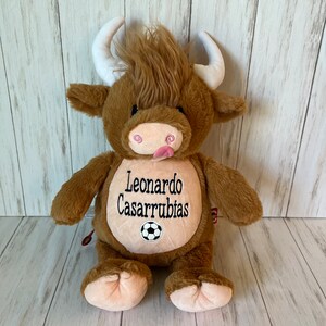 May include: A brown plush bull with white horns and a tuft of brown fur. The bull has a pink tongue sticking out and the name "Leonardo Casarrubias" embroidered on its belly, along with a soccer ball.