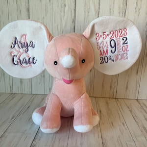 Birth Stat Elephant, Personalized stuffed animal, Keepsake, Embroidered animal, Baby Gift, Personalized Elephant
