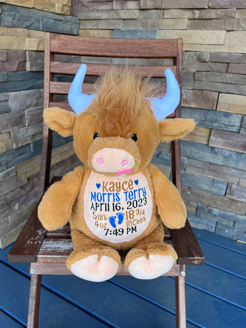 May include: A plush brown Highland cow stuffed animal with blue horns and embroidered details. The cow has a pink nose and a blue heart with the name "Kayce Morris Terry" and birth details: April 16, 2023, 5 lbs 4 oz, 18 3/4 inches, 7:49 PM.