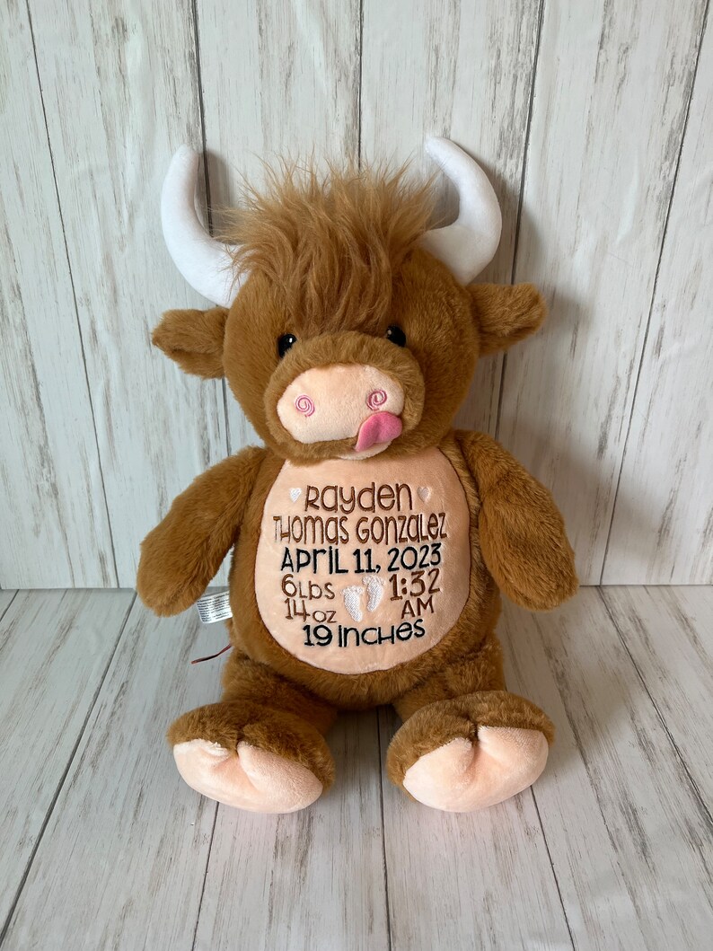 May include: A brown plush Highland cow with white horns and a pink tongue sticking out. The cow has embroidered details and text that reads "Rayden Thomas Gonzalez, April 11, 2023, 6 lbs 14 oz, 19 inches".