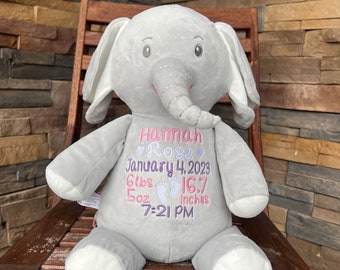 Birth Stat Stuffed Animal, Personalized Baby Gift, Personalized Elephant, Embroidered Elephant