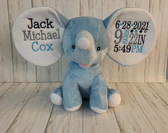 Birth Stat Elephant, Personalized stuffed animal, Keepsake, Embroidered animal, Baby Gift, Personalized Elephant, Boy Baby gift