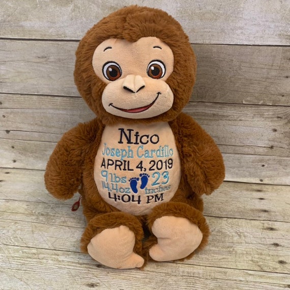 Monkey Birth Stat Stuffed Animal, Personalized Baby gift, Personalized Stuffed animal, Embroidered Monkey, Signature Cubbie, Cubbies