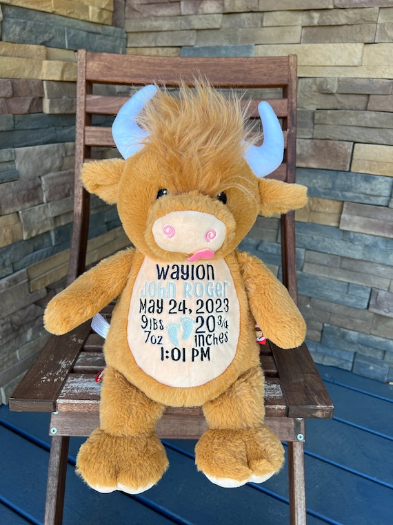 Highland Cow, Birth Stat Stuffed Animal, Personalized stuffed animal, Baby gift, Baby keepsake, Embroidered Cow