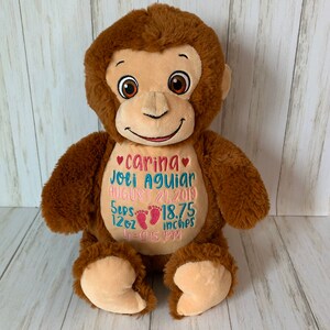 May include: A plush brown monkey with a tan face and belly. The monkey has embroidered details, including the name "Carina" and birth details in pink and blue thread. The monkey is a soft toy.