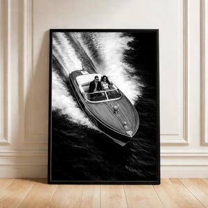 Luxury Wooden Speedboat Wall Art, Vintage Riva Style Boat Print, Black and White Mediterranean Glamour Poster, Digital Download