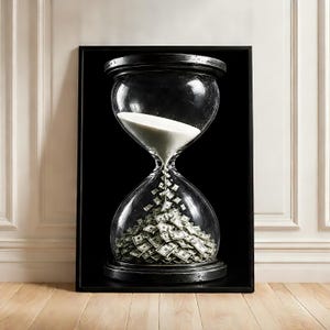 May include: A framed wall art print featuring a black hourglass with a dark frame. The top bulb contains white sand, while the bottom bulb is filled with a pile of miniature United States dollar bills that are falling through the narrow centre.