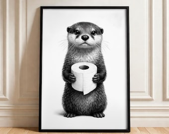 May include: Black and white framed print of an otter holding a roll of toilet paper. The otter is depicted in a realistic style, with detailed fur and a focused expression. The print is set against a white background.
