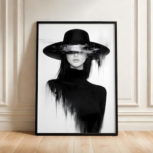 Abstract Fashion Woman Wall Art, Modern Ink Drip Portrait, Chic Lady in Hat Poster, Avant-Garde Black and White Decor, Digital Download.