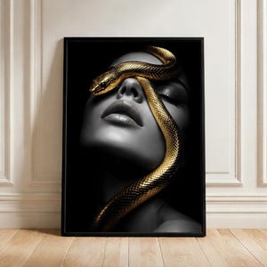 Gold Snake Woman Wall Art, Luxury Black and White Portrait, Surreal Female Beauty Print, Modern Gothic Deco, Digital Download