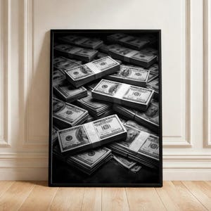 Quadro da parete con tema abbondanza di denaro, poster con pile di banconote da cento dollari, decorazione per ufficio che promuove una mentalità orientata alla ricchezza, stampa ispirata alla cultura del successo, arte con i soldi, download digitale.