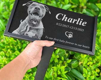 Personalized Pet Memorial Stone - Engraved Granite Grave Marker, Photo Garden Plaque