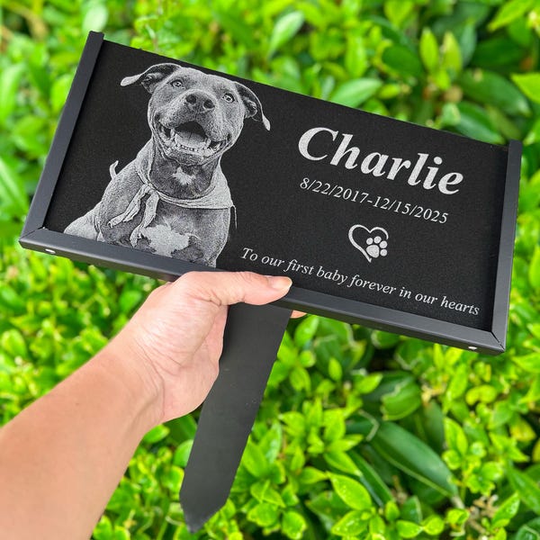 Personalized Pet Memorial Stone - Engraved Granite Grave Marker, Photo Garden Plaque