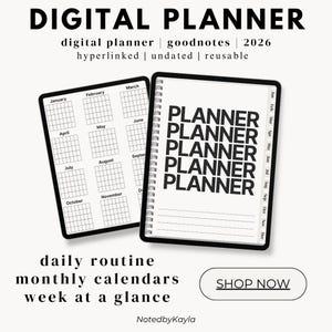 May include: Digital planner with the text "DIGITAL PLANNER" at the top. The image shows two digital planners, one open to a monthly calendar view and the other with the word "PLANNER" repeated. The text "daily routine, monthly calendars, week at a glance" is also visible.