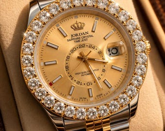 Reloj automático Jordan para hombre, color oro con diamantes, cristal de zafiro y caja de acero inoxidable bicolor de lujo.