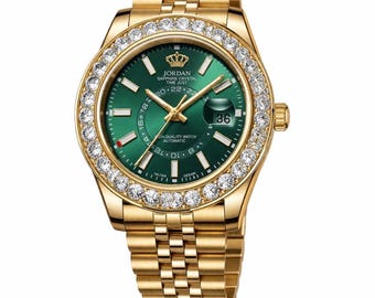 Reloj automático de lujo Jordan para hombre: tono dorado con esfera verde y bisel de cristal.