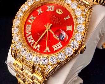 Jordan Men's Luxury 7.5CT Diamond Simulant Automatic red dial Watch-18K Gold Plated.