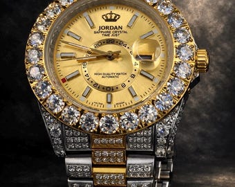Jordan Gold Iced Bezel Automatic Watch – Two Tone Sapphire Crystal Timepiece