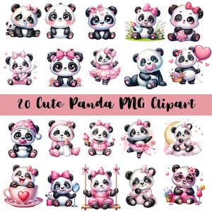 May include: A collection of 20 cute panda PNG clipart images. The pandas are depicted in various poses and outfits, including bows, hats, and dresses. The color palette is primarily pink, black, and white. Text on the image reads "20 Cute Panda PNG Clipart."