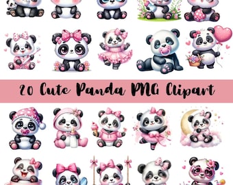 Puede incluir: Una colección de 20 imágenes prediseñadas PNG de pandas lindos. Los pandas se representan en varias poses y atuendos, incluyendo lazos, sombreros y vestidos. La paleta de colores es principalmente rosa, negro y blanco. El texto en la imagen dice "20 Cute Panda PNG Clipart."