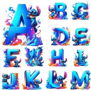 Op de afbeelding: Een verzameling levendige, blauwe 3D-alfabetletters, elk versierd met een stripfiguur. De letters zijn omgeven door kleurrijke, wervelende ontwerpen in blauw, roze en oranje. Het thema is speels en grillig.