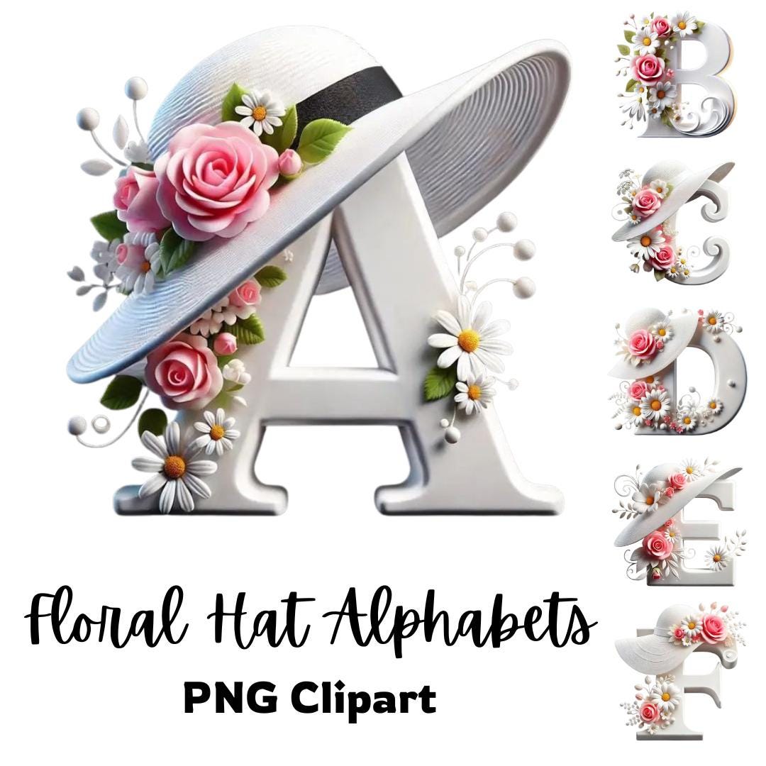 Floral White Hat Alphabets PNG Clipart Bundle | Floral Themed Alphabets ...