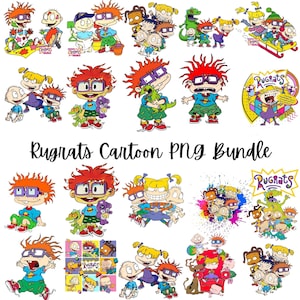 Può includere: Una collezione di immagini PNG a cartoni animati di Rugrats colorati. Le immagini presentano vari personaggi della serie animata, tra cui Tommy, Chuckie e Angelica. Le immagini sono in varie pose e ambientazioni, con il testo "Rugrats Cartoon PNG Bundle" sotto.