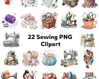 Watercolor Sewing Clipart Set: 20 PNG Images, Sewing Tools (Digital Download)