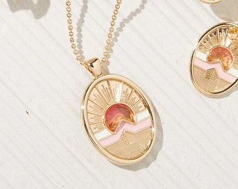 Sunrise Coral Enamel Gemstone Pendant Necklace, Gold Oval Charm Necklace, Gold Layering Necklace, Enamel Necklace