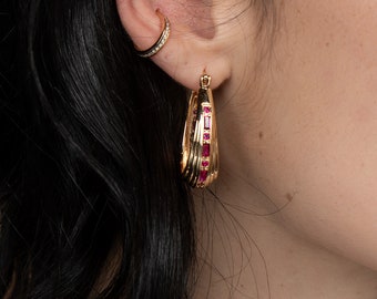Ruby Dome Hoop Earrings, Textured Gold Oval Hoops, Ruby Gemstone Earrings, Hinge Dome Hoops, Ruby Baguette Hoops, Gold Hoops