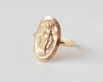 Virgin Mary Ring, 14K Gold Filled Religious Medallion Ring, Mother Mary Statement Ring, Lady of Guadalupe Ring