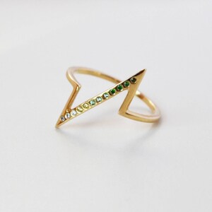 Ombre Gemstone Breakline Ring, 10K Gold Ring, Green Stone Ring, Zig Zag Ring, Sterling Silver Lightning Bolt Ring, Fine Jewelry