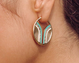 Turquoise and White Enamel Earrings, Textured Hoop Earrings, Colorful Gold Circle Earrings, Enamel Jewelry, Pastel Earrings