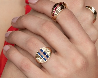 Sapphire Signet Ring, Gold Baguette Split Signet, Gold Statement Ring, Sapphire Gemstone Ring, Adjustable Ring