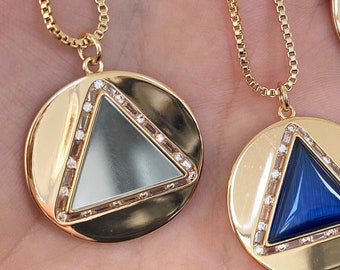 Mirror Triangle Necklace, Geometric Necklace, Gold Layering Necklace, Triangle Pendant, Circle Necklace, Punk Necklace, Rocker