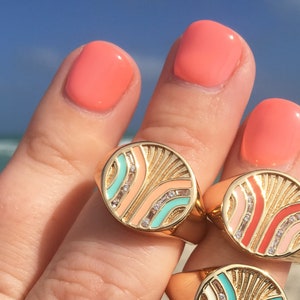 Coral and Mint Signet Ring, Gold Enamel Signet Ring, Adjustable Gold Coin Ring, Baguette StoneRing, Pastel Statement Ring, Trend Jewelry