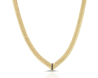 Black CZ Chevron Herringbone Chain Necklace, Gold Chain Collar, Gold Layering Necklace, Silver V Necklace