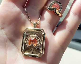 Daybreak Gemstone Necklace, Coral Gem Boho Medallion Necklace,  Gold Charm Necklace, Gold Tag Necklace, Gemstone Pendant