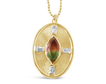 Watermelon Quartz Gemstone Necklace, Gold Oval Coin Pendant Necklace, Medallion Layering Necklace, Marquise Gold Necklace